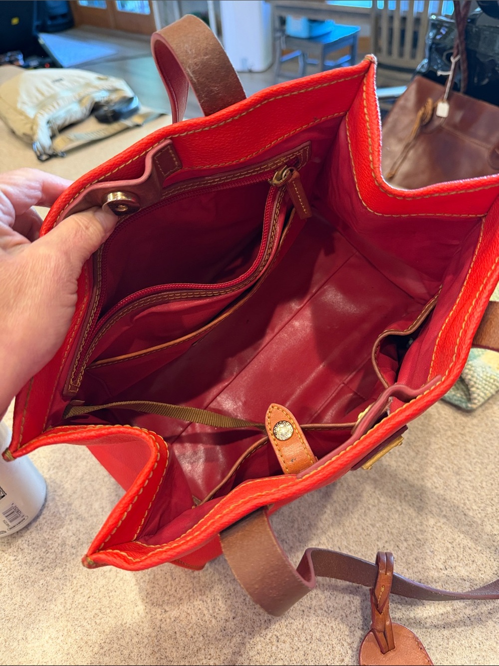 Dooney & Bourke Red Canvas Satchel with Brown Leather Trim - Picture 12 of 14